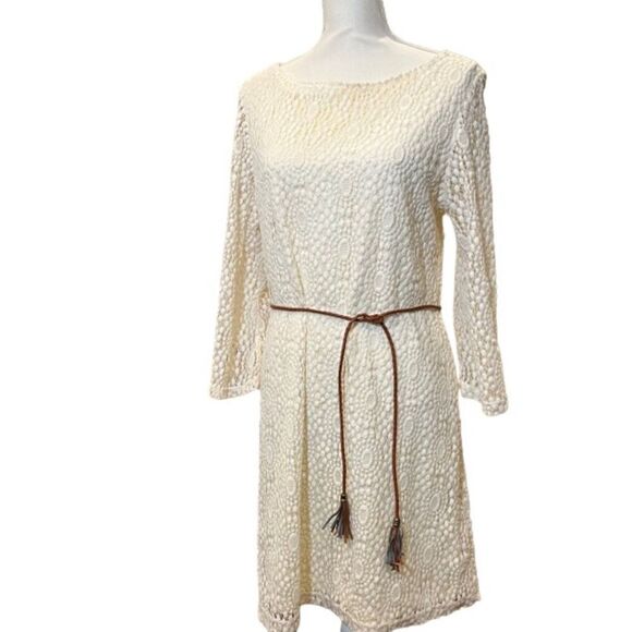 Sharagano Lacy Bell Sleeve Tassel Belted Crochet Dress Bone White Size 12 - Picture 1 of 9